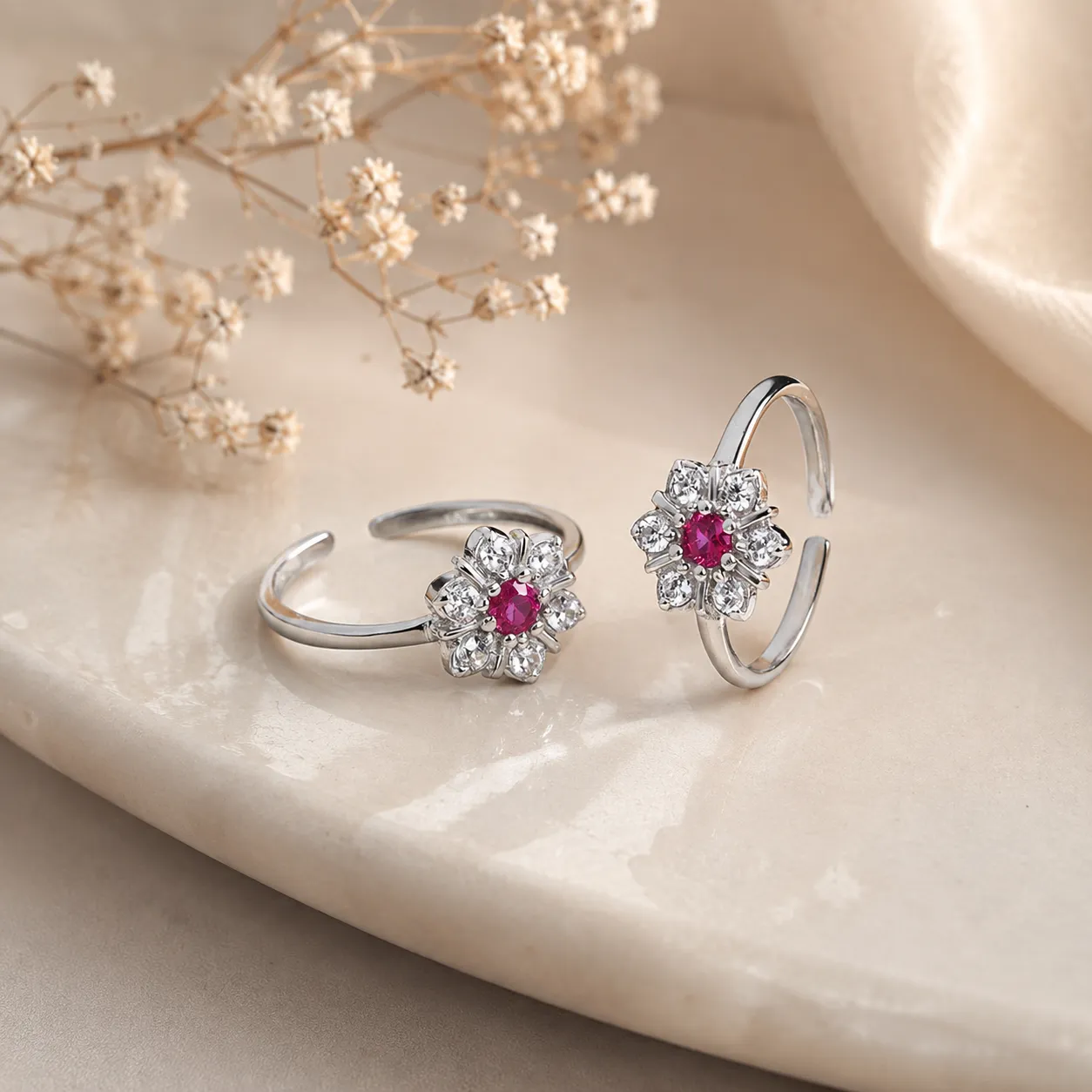 Ruby Blossom Silver Finger Ring / Toe Ring